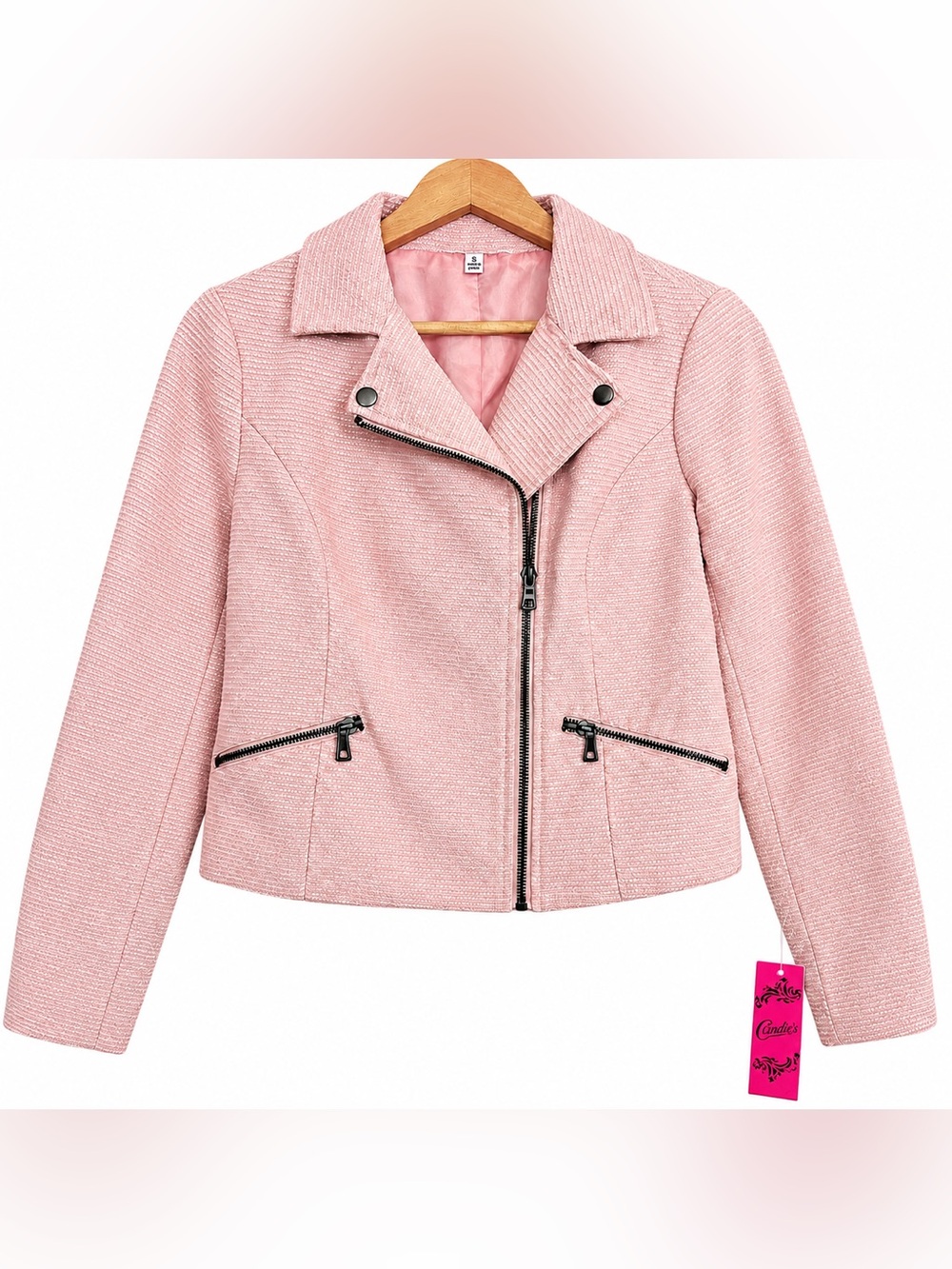 Candie's Pink Tweed Moto Jacket Women's Small NWT Cropped Biker Blazer Y2K